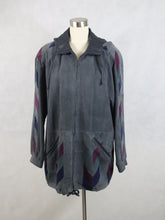 Lataa kuva Galleria-katseluun, Airamo Design Tornio Finland made in Finland kotimainen 80-90-luvun vintage harmaa hupullinen mokkanahkatakki L