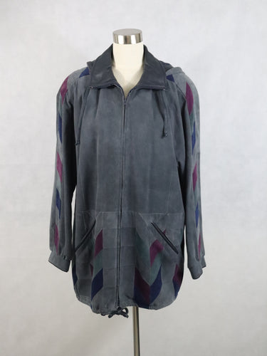 Airamo Design Tornio Finland made in Finland kotimainen 80-90-luvun vintage harmaa hupullinen mokkanahkatakki L