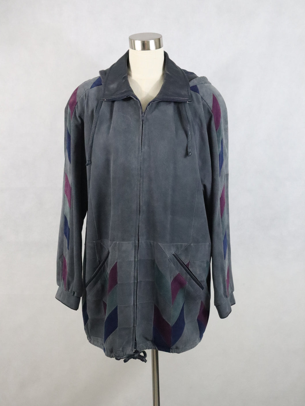 Airamo Design Tornio Finland made in Finland kotimainen 80-90-luvun vintage harmaa hupullinen mokkanahkatakki L