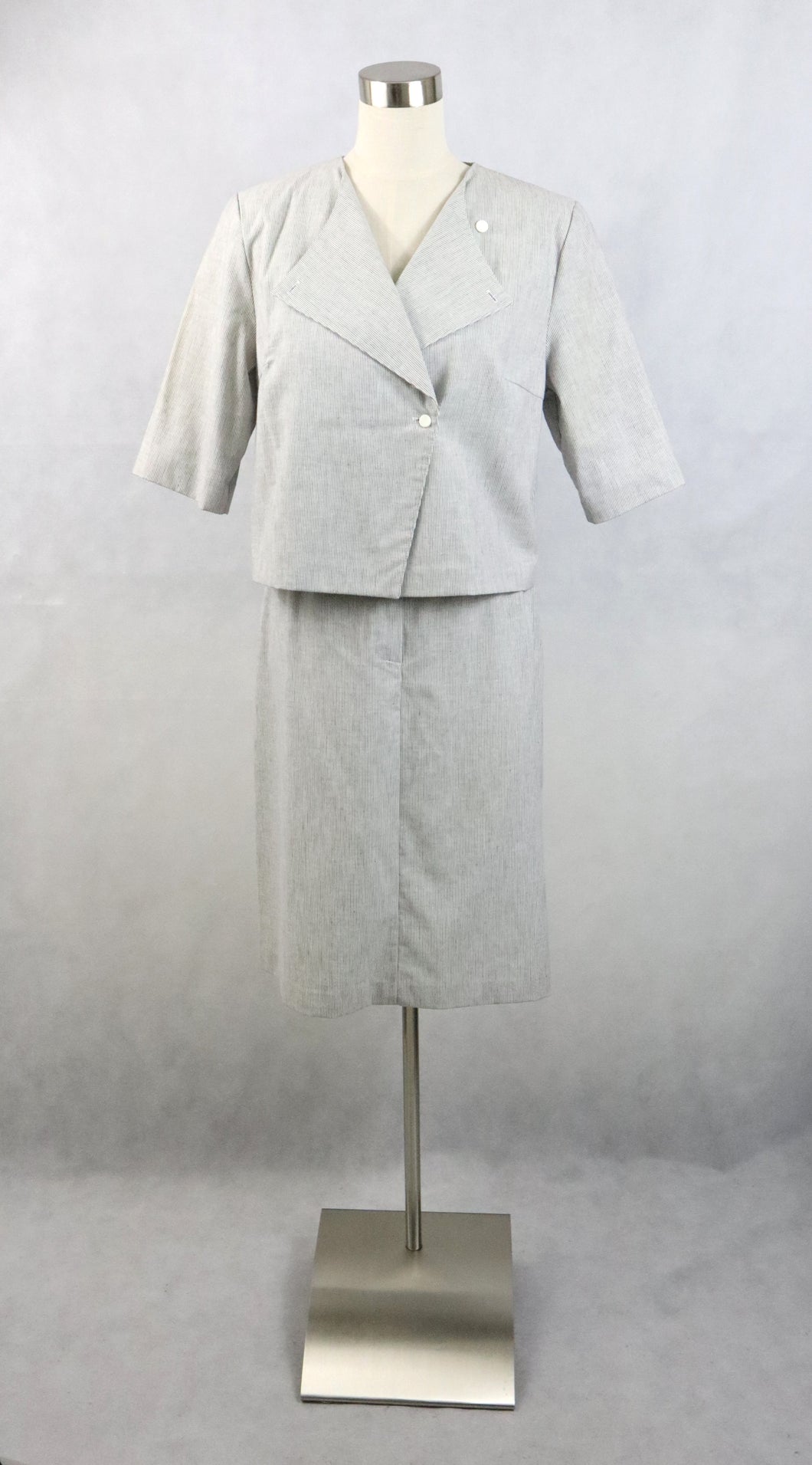 Cotton Club by Finn Karelia harmaa raidallinen lyhythihainen jakku ja kapea puolihame 36 kotimaista vintagea 80-luvulta