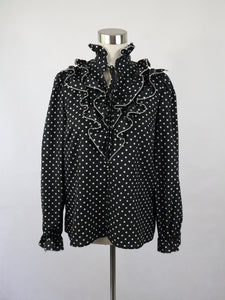 Mustavalkoinen polka dot röyhelökauluksinen pusero C40