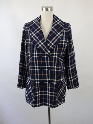 Kaunotar Finn Fashion kotimainen 70-luvun vintage tummansininen ruudullinen villakangastakki C46