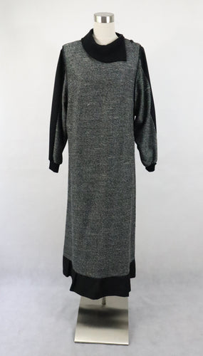 Leona Muoti-tuote made in Finland tummanharmaa villasekoitekankainen kotimainen 80-luvun vintage maksimekko C44
