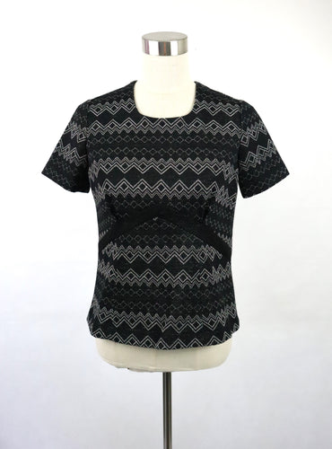 Oravais Finn-Jersey musta hopeakuvioinen vintage glitter pusero 38