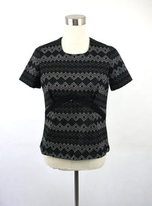 Oravais Finn-Jersey musta hopeakuvioinen vintage glitter pusero 38