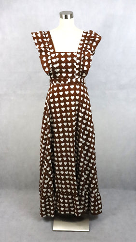Vintage Tampella Cook Collection -kankaasta ommeltu ruskea sydänkuvioinen essumekko 