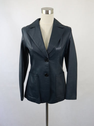 Sagitta made by Hämeen Nahka-asu Oy Tampere Finland tummansininen kotimainen 70-luvun vintage nahkatakki