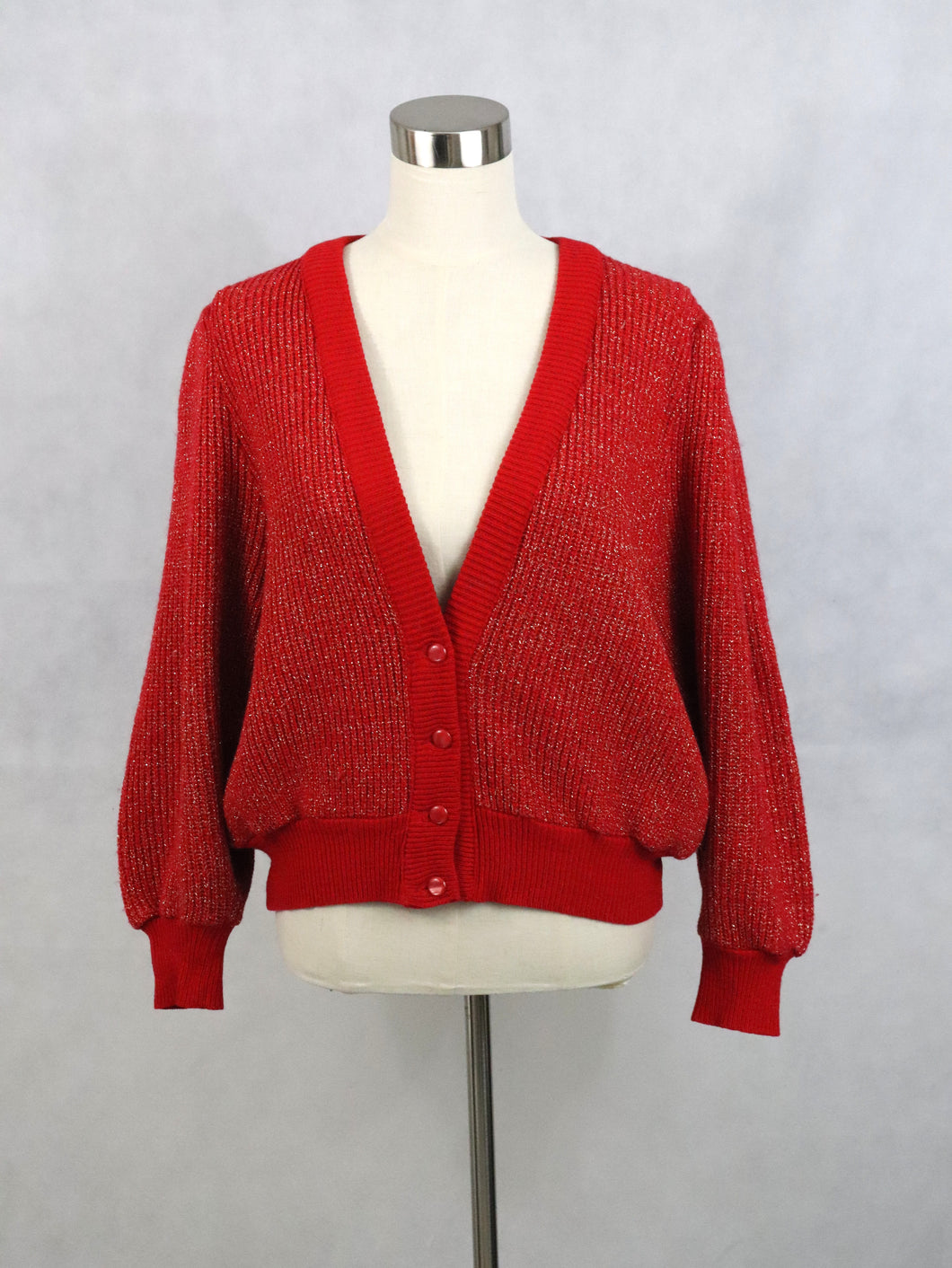 Vuolan made in Finland punainen metallilangasta neulottu neuletakki 38