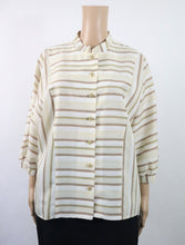 Lataa kuva Galleria-katseluun, Ermiso vaalea beigeraidallinen puhvihihainen kotimainen vintage pusero 46 