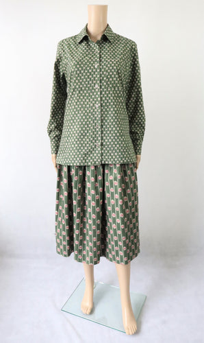Marimekko vihreäsävyinen kuviollinen vintage pusero ja hame 36/38