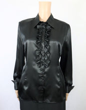 Lataa kuva Galleria-katseluun, Sataneule vintage musta röyhelösomisteinen paitapusero 40