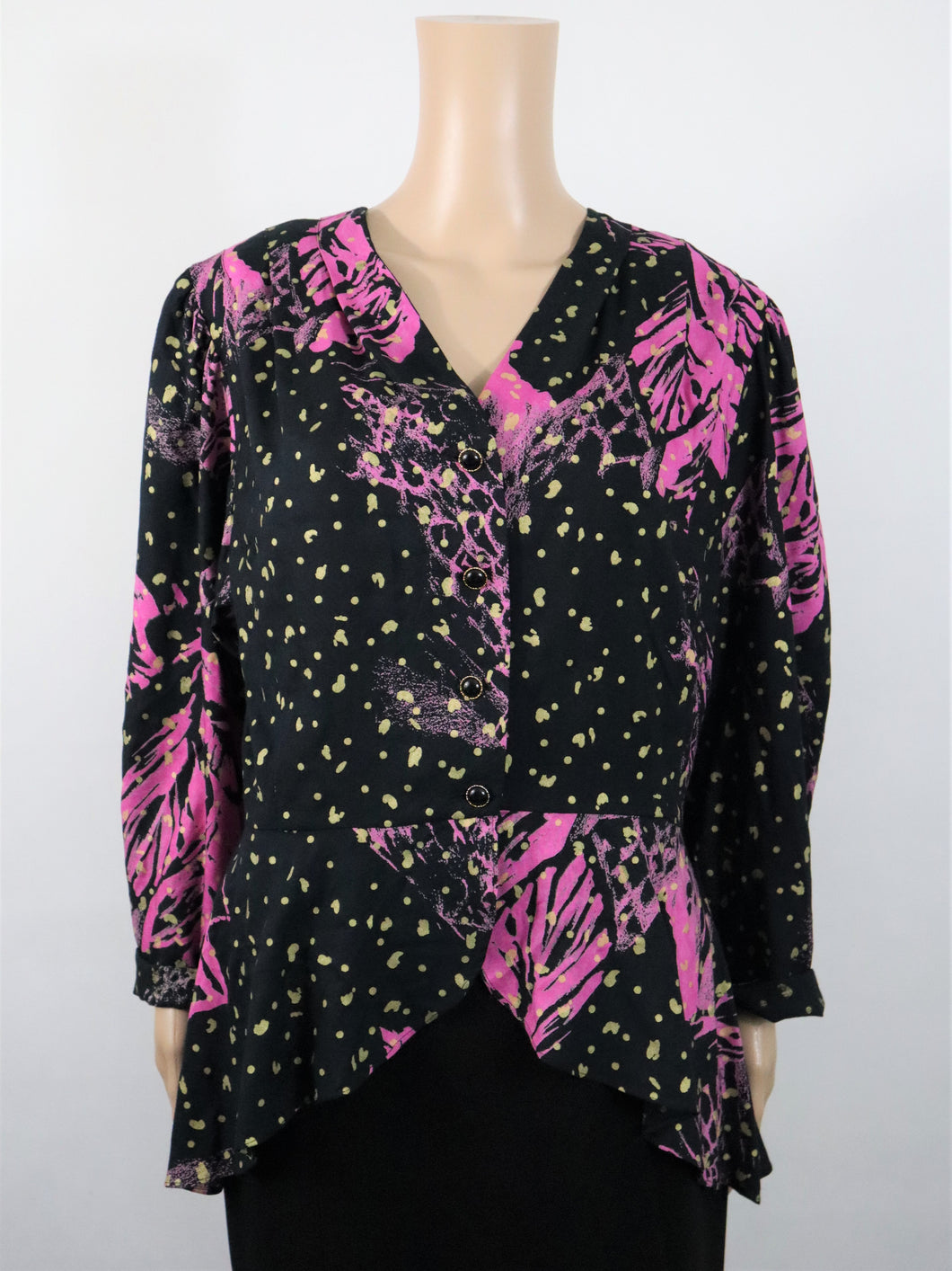 Sataneule 80-luvun musta frillahelmainen jakku pinkillä ja kullanvärisellä kuvioinnilla 44