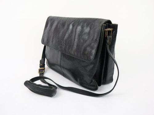 Three Bags musta nahkainen messenger olkalaukku